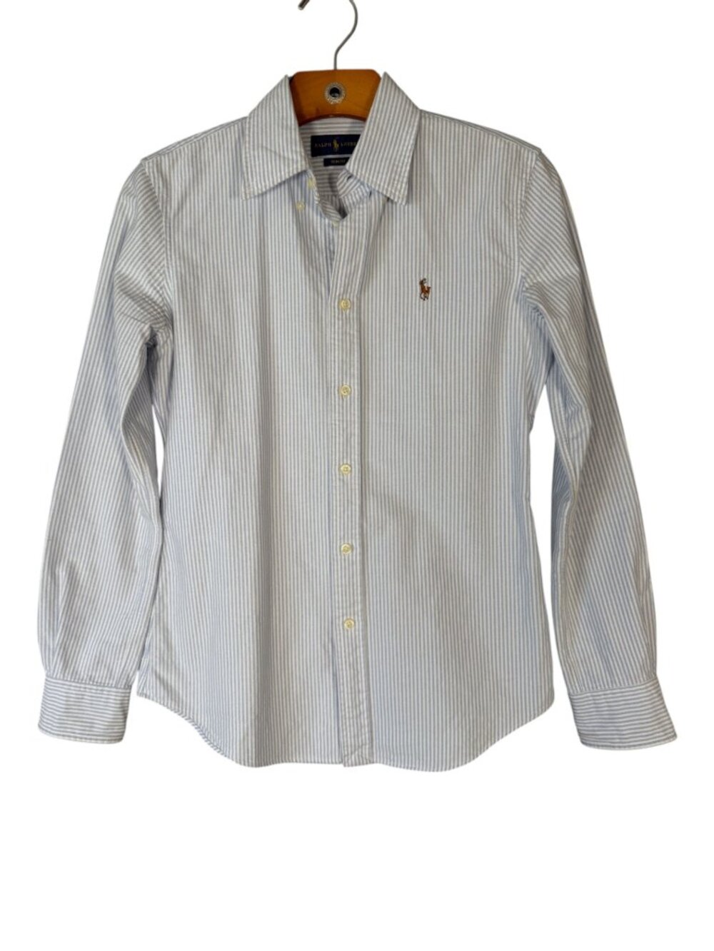 Ralph Lauren cotton? Blue White Striped Button Down Shirt Minimalist Slim Fit XS